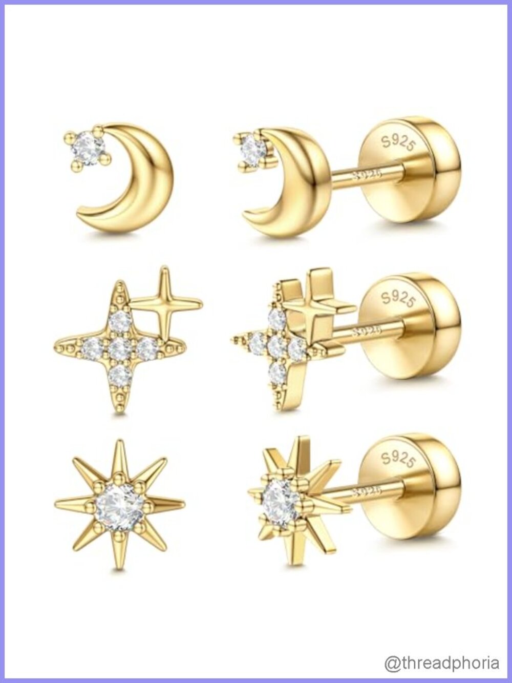 14K Gold Plated 925 Sterling Silver Flat Back Stud Earrings Set Hypoallergenic